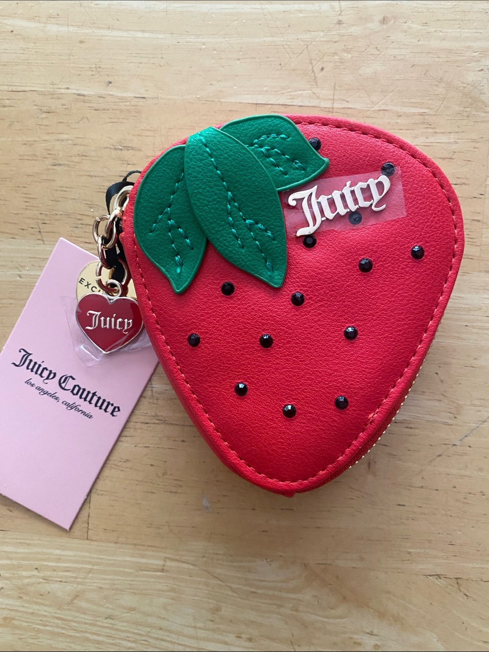 Juicy Couture Red Strawberry Coin Pouch with red heart & bag charm. NWT